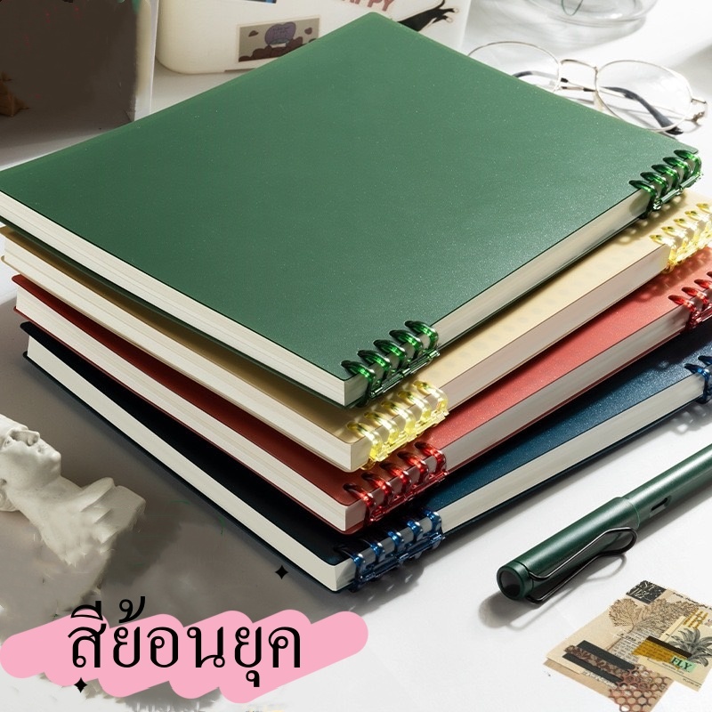 {chuanchuan} สมุดโน๊ตสันห่วง เปิดข้าง สีย้อนยุค เปลี่ยนไส้ได้ ขนาดB5 60แผ่น