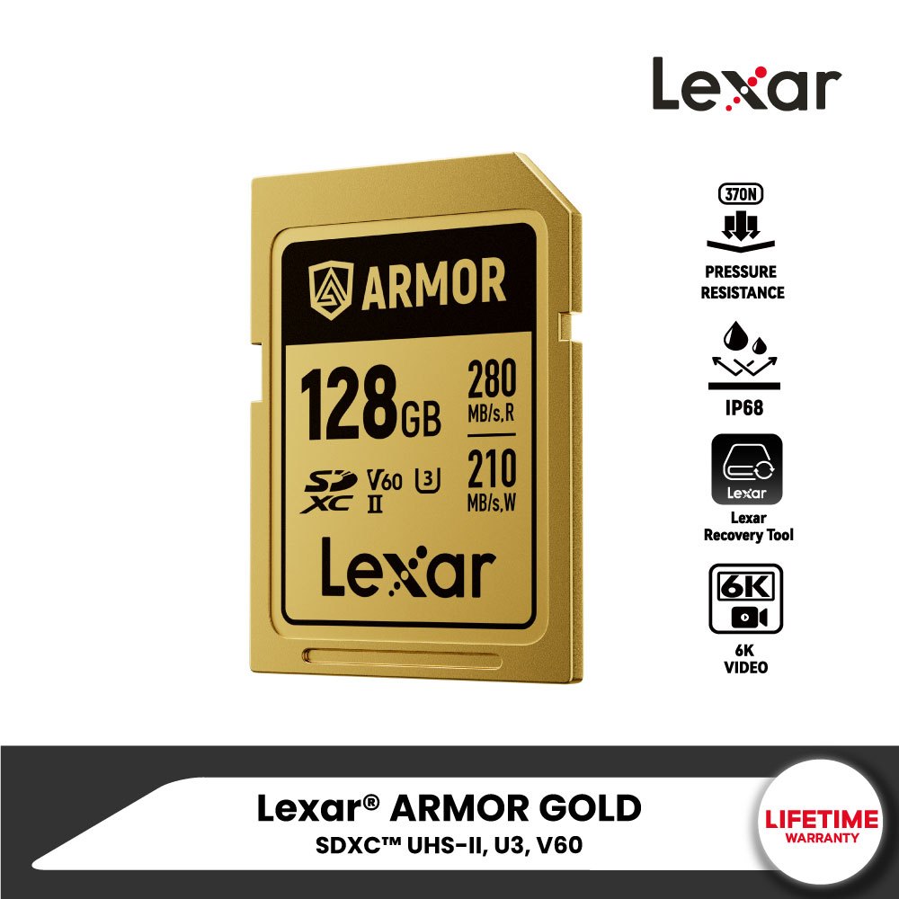 Lexar ARMOR GOLD 128GB SD Card (เอสดีการ์ด) Full-HD 6K RW280/205MB/s (LSDAMGL128G-RNNNG) เมมโมรี่การ