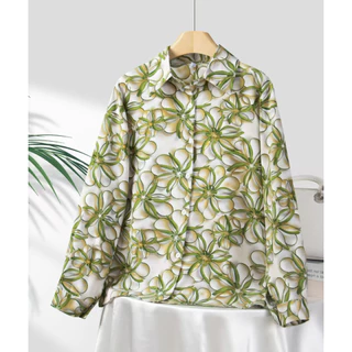 【ส่งจากไทย】เสื้อเชิ้ตผู้หญิงพิมพ์ลายเสื้อเชิ้ตแขนยาวคอปกpoloเสื้อย้อนยุคแฟชั่นผ้าไหมอิตาลี เนื้อผ้าดีทรงหลวม ใส่สบาย