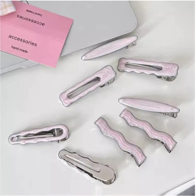 Pinkcool Simple Wave รูปไข่สีชมพูไม่มีรอยต่อคลิปผมผู้หญิง Acetate แผ่น Bangs คลิปผม Duckbill คลิป Hairpins จัดแต่งทรงผมเ