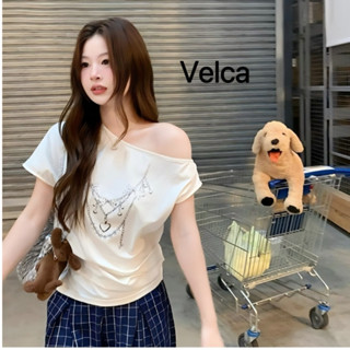 Velca 100%cotton เสื้อปาดไหล่ เสือใส่สบาย ทรงหลวม แบบบาง แฟช…