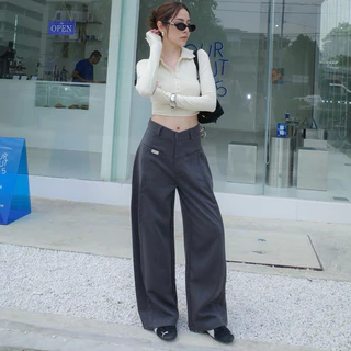 AMUSE BKK - Taggy High waist กางเกงขายาวติดแท๊ก ทรงกระบอกใหญ่เอวสูง ผ้าทวิลทรงสวย
