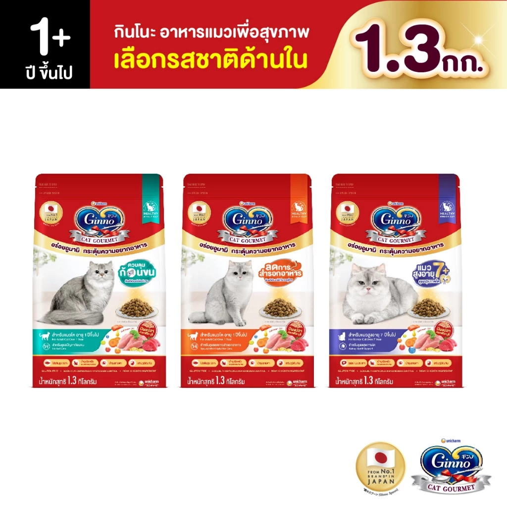 [ใหม่! เลือกรสชาติได้] Ginno Dry Health กินโนะ อาหารเม็ดแมวสูตรสุขภาพ 1.3Kg.