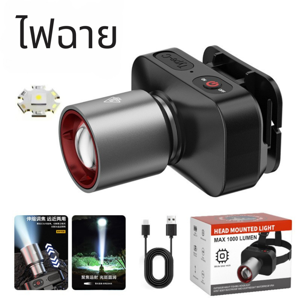 ไฟฉายคาดหัว ชาร์จได้ แสงขาว LED 250วัตต์ ชาร์จUSB-C ไฟหน้าแบบพกพา สําหรับแคมปิ้ง เดินป่าซ่อม ไปนาไปไร่