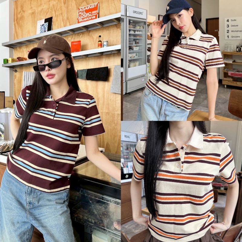 Valen เสื้อโปโลลายทางคอปก ลายริ้วเกาหลี