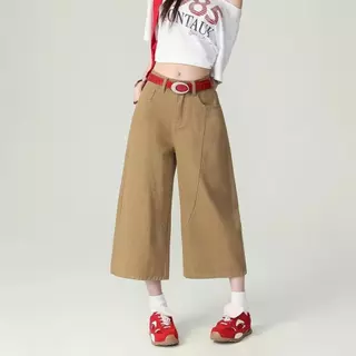 Swan shop กางเกงยีนส์ขา6ส่วน สีกากี/สีขาว ผ้ายีนส์ไม่ยืดนิ่มดีใส่สบาย วินเทจ แนวสวยสุดฮิตวัยรุ่นมากๆ