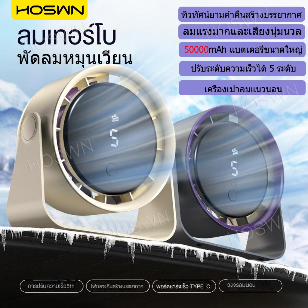 HOSWN Fan พัดลมพกพา พัดลมตั้งโต๊ะ USB ปรับเกียร์ได้ 5 สปีด มอเตอร์ไร้แปรงถ่าน 7 ใบพัดเกรดการบิน+ CAM เสียงรบกวนต่ำ 36dB