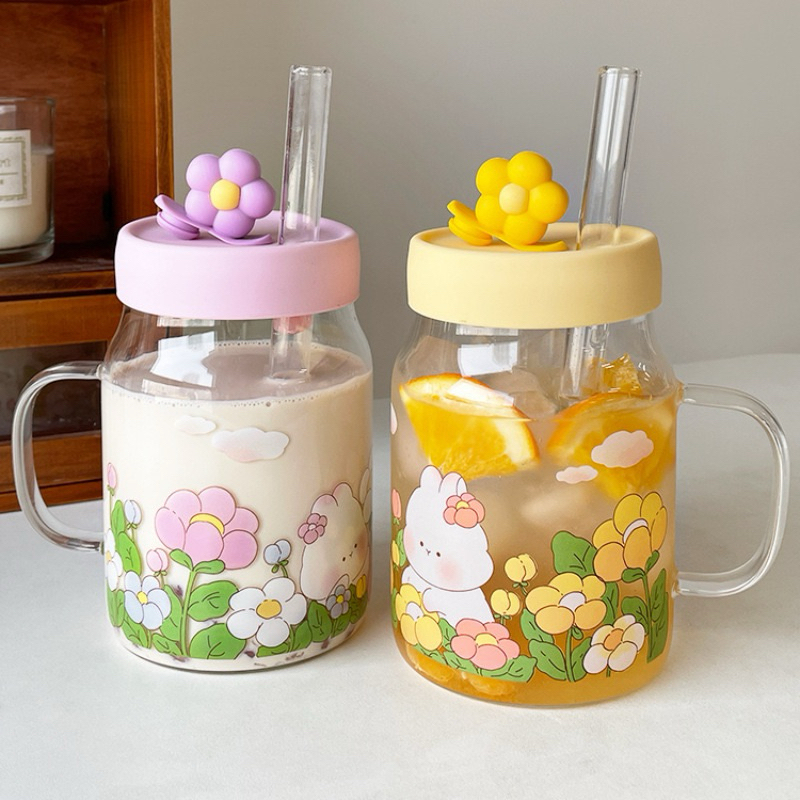 แก้วน้ำ แก้วใสมีหูจับใบใหญ่ ลายดอกไม้และน้องหมี 🐻 แก้วกาแฟ แถมหลอด‼️