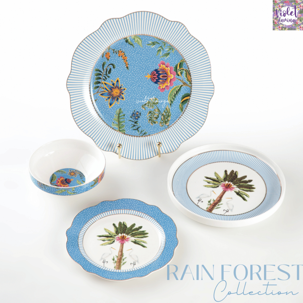 Violet Flamingo Rainforest Collection – เซ็ตจานชาม วัสดุ New Bone China ขอบทองลายป่าเขตร้อน พร้อมกล่องของขวัญ