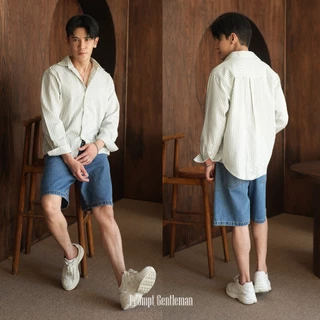 เสื้อเชิ้ตครอปชายโค้ง ลายริ้ว หน้าสั้นหลังยาว Unisex Prompt Semi Crop Stripe Shirt มีไซส์ 40/44/48"