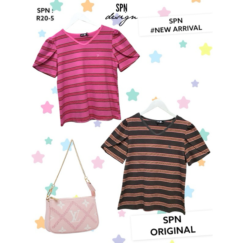 SPN R20-5 เสื้อผ้ายืดลายริ้วคอวี แขนกลีบบัว ความยาว 24”