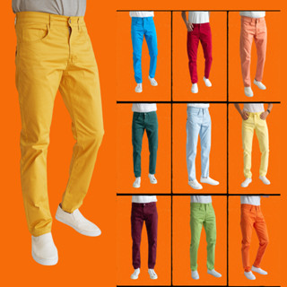 กางเกงสีสด กางเกงขายาวผู้ชาย ขายาวทรงกระบอกเล็ก ผ้าคอตตอนยืด…