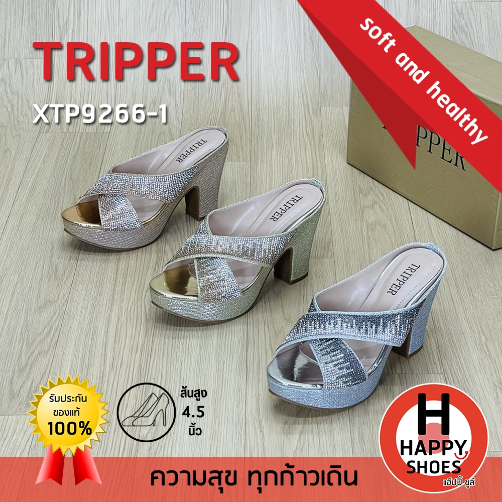 [🥇ทริปเปอร์แท้100%🔢ไซส์35-40👠ส้น4.5นิ้ว] TRIPPER รุ่น XTP9266-1 รองเท้าส้นสูงหญิง รองเท้ากากเพชรส้นสูง รองเท้าสวมส้นสูง