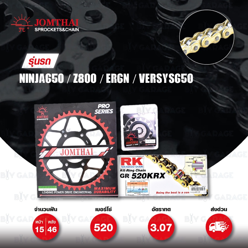 ชุดเปลี่ยนโซ่-สเตอร์ Pro Series โซ่ RK 520-KRX สีทองสเตอร์ JOMTHAI ER6N / Ninja650 / Versys650 / ER6
