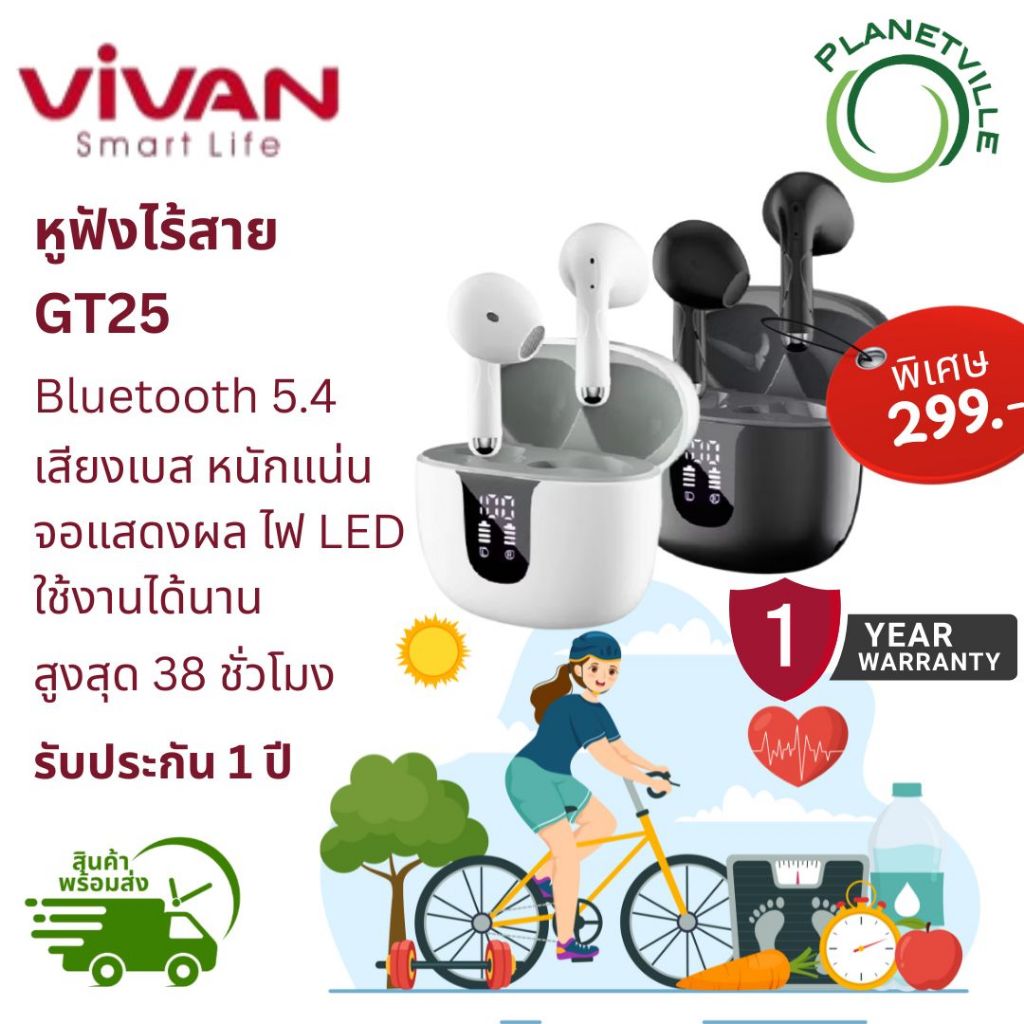 VIVAN [สินค้าใหม่] รุ่น GT2S หูฟังบลูทูธ จอ LED เสียงเบสแน่น ลดเสียงรบกวน บลูทูธ 5.4 หูฟังกึ่งอินเอี