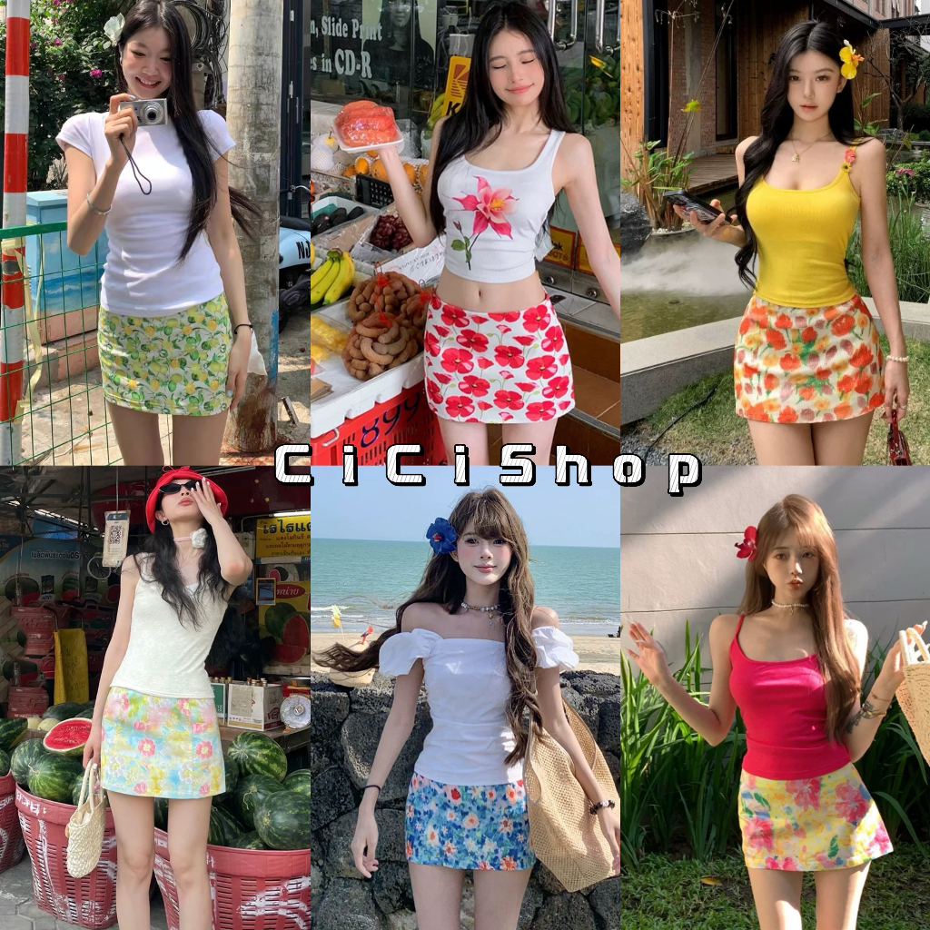Cicishop(2529) กระโปรงสั้นลายดอกสีสันสดใส มีซับใน ซิบข้าง สไตล์สาวฮาวาย