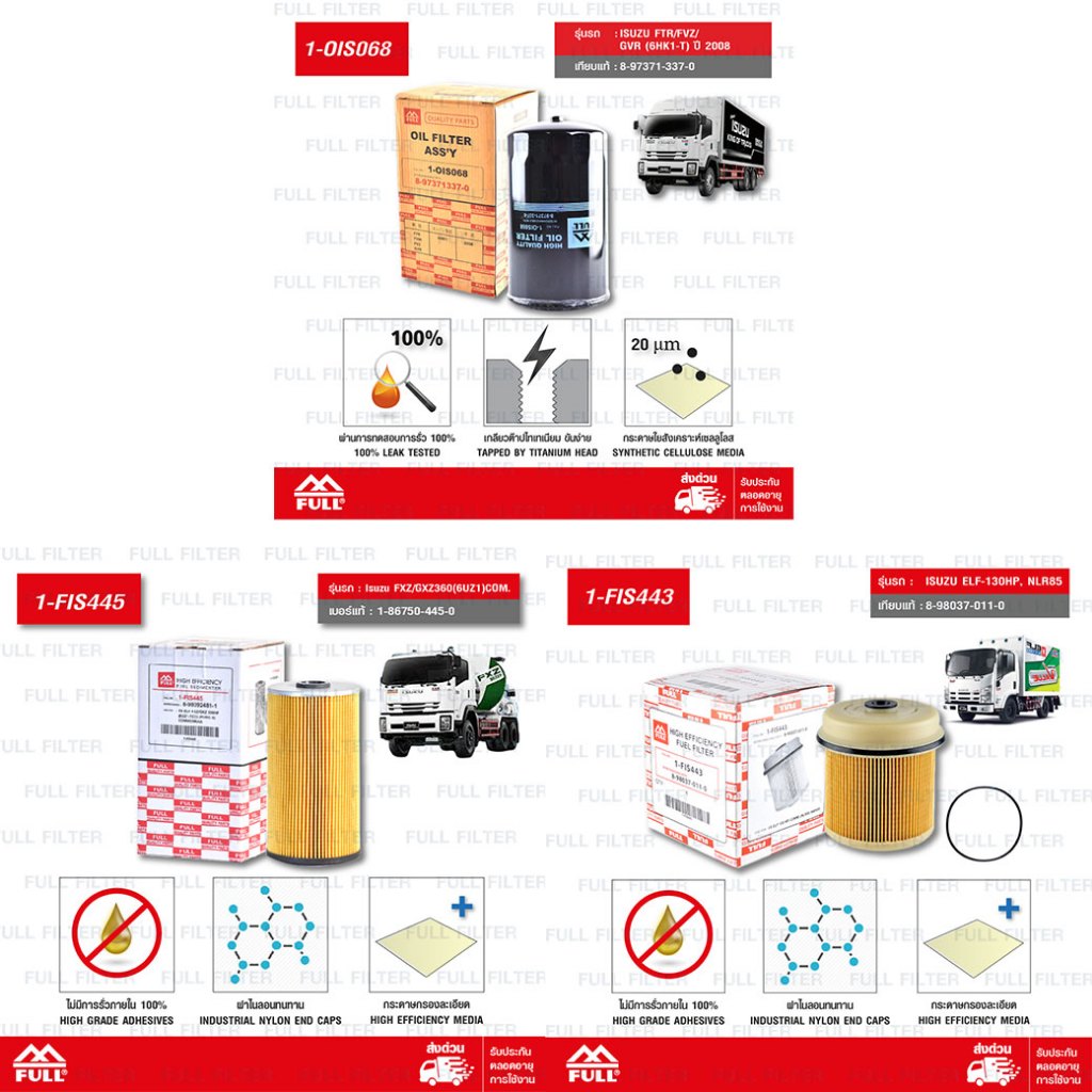 FULL ชุดกรองเครื่อง และกรองโซล่า ใช้สำหรับ ISUZU FTR240  [ 1-OIS068, 1-FIS445, 1-FIS443]