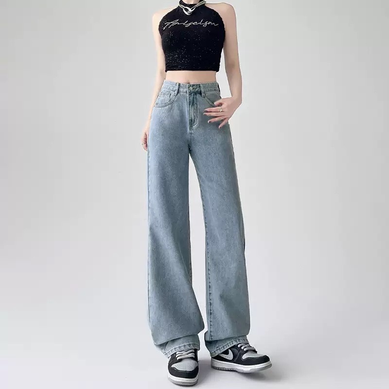 S-5XLกางเกงยีนส์ขายาวทรงกระบอก เอวสูง สีพื้น นื้อผ้ายีนส์ไม่ยืด - รูปที่ 4