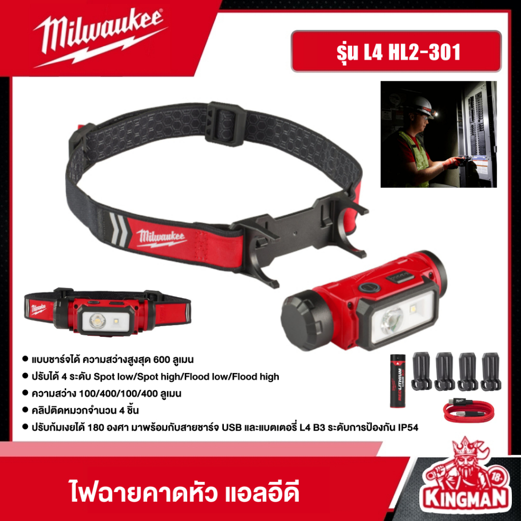 Milwaukee ไฟฉายคาดหัว แอลอีดี รุ่น L4 HL2-301 ไฟฉาย LED ไฟฉายคาดศีรษะ มิว มิววอกี้ มิลวอกี้ เครื่องม