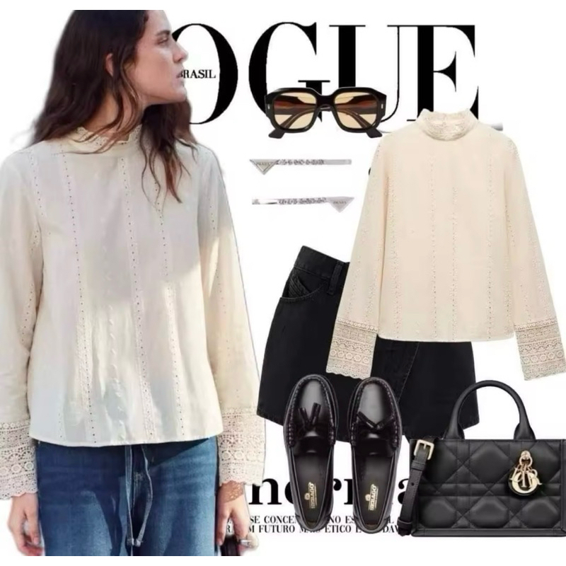 Zara Romantic guipure blouse💯แขนยาวผ้าฉลุสีครีม ดีเทลปลายแขนถักค่อนข้างยาวตามแบบ