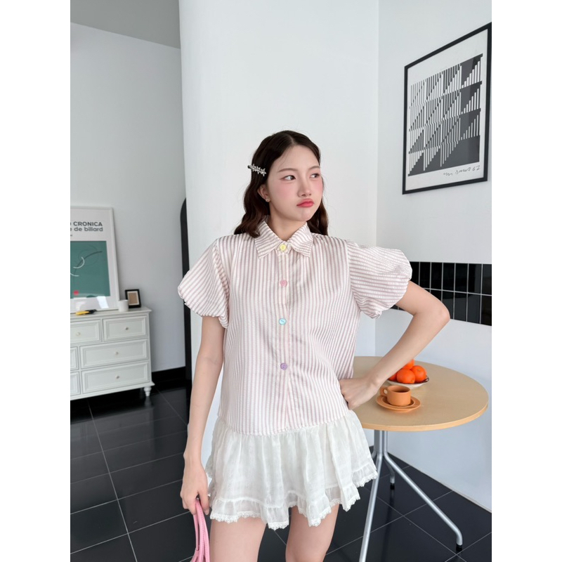 Khun Studio - เสื้อคอปกแขนพอง ลายทางสีพาสเทล💕 - รูปที่ 2