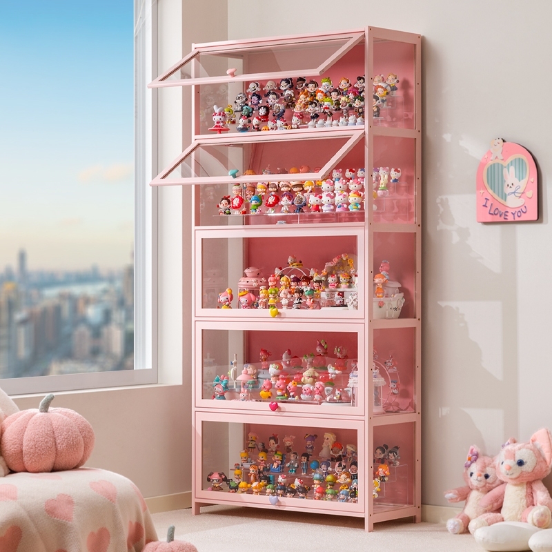 ตู้โชว์ทำด้วยมือโปร่งใสฝุ่นสีชมพูเจ้าหญิงลม Dopamine ตู้โชว์คริลิคกล่องเก็บ