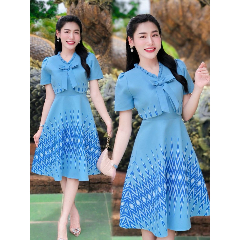 CMP เดรสผ้าฝ้ายพิมพ์ลาย สีฟ้า กระโปรงทรงย้วย รุ่นกั๊กคอระบาย