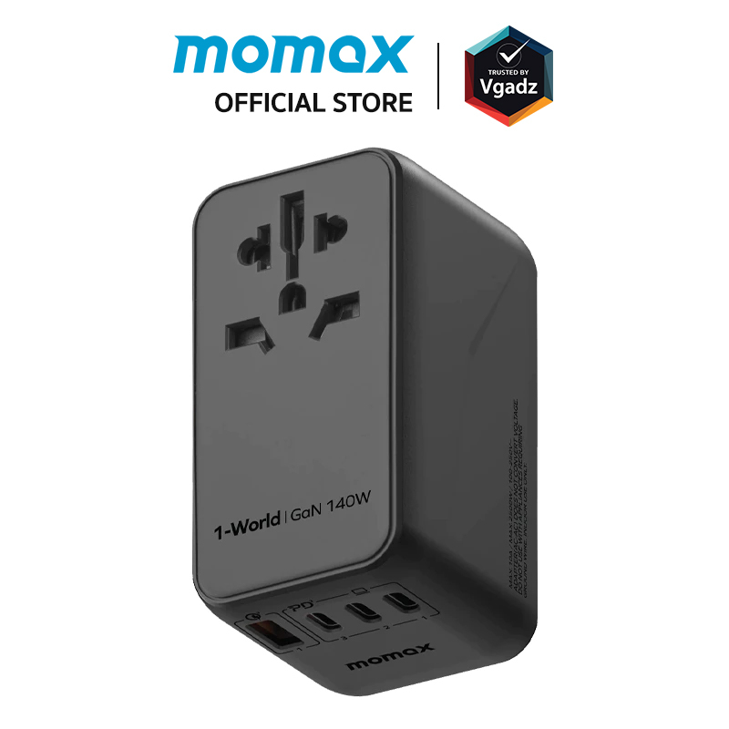 Momax - หัวชาร์จ+หัวแปลงปลั๊กไฟ รุ่น 1-World Travel Adapter 4-Port กำลังไฟ 140W ชาร์จไว GaN + สาย USB-C to C 140W
