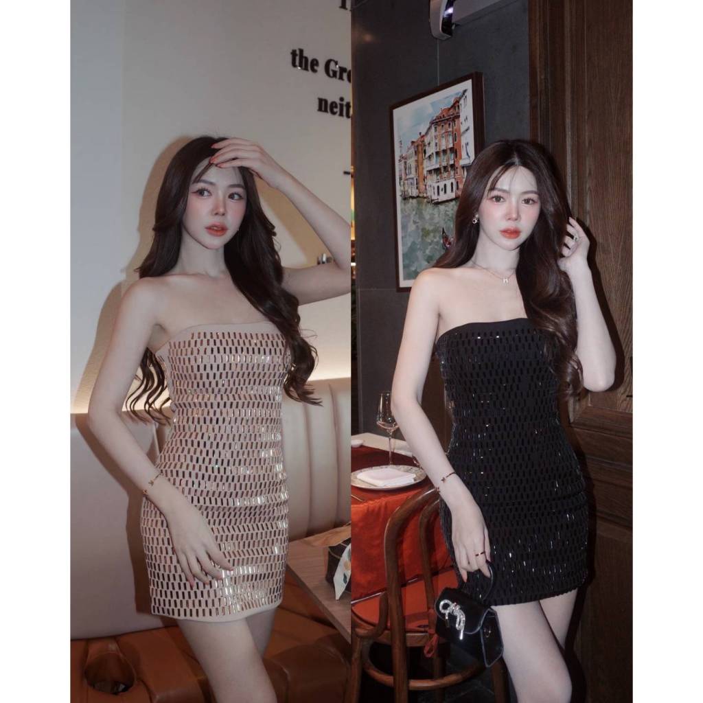 Kulist เดรสเกาะอกที่ช่วยเพิ่มความเซ็กซี่และหรูหราโดยการเรียงเพชรสีน้ำตาล