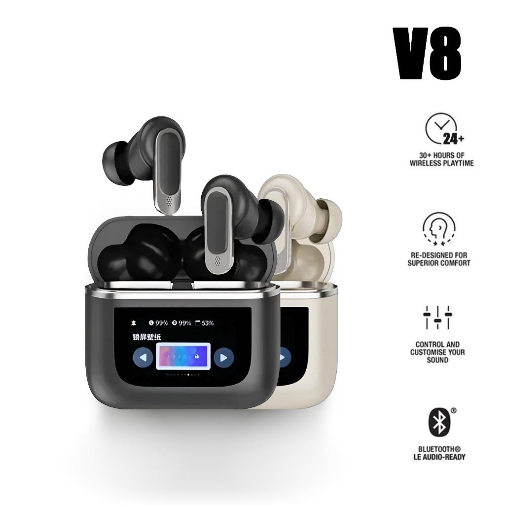 V8 หูฟังบลูทูธพร้อมหน้าจอทัชสกรีน หูฟังบลูทูธ บลูทูธ 5.4 เวอร์ชั่นล่าสุด ทำทุกอย่างผ่านกล่องได้เลย เสียงดี เบสแน่น
