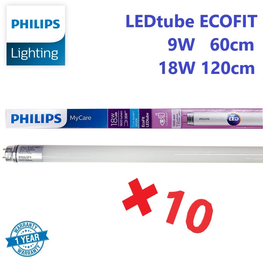10หลอด หลอดไฟ LED Philips ECOFIT ไฟเข้าทางเดียว สั้น 9W ยาว 60CM 18W ยาว 120CM