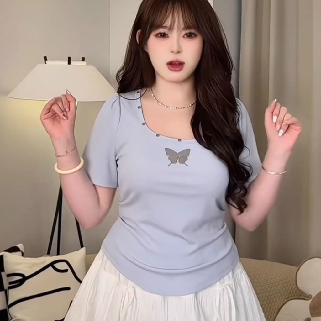 ผู้หญิงพลัสไซส์เสื้อยืดแขนสั้นคอเหลี่ยมสีน้ำเงินไหล่ใหม่ฤดูร้อนไขมัน mm ปกปิดเนื้อและบางด้านบน