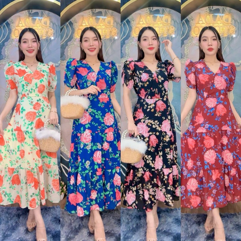 พร้อมส่ง เดรสยาวสาวอวบทรงคุณหนู ผ้าชีฟอง แขนเจ้าหญิง