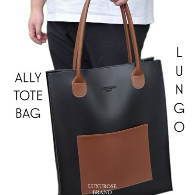 ALLY TOTE BAG LUNGO กระเป๋าทำงานหนัง PU ใบใหญ่ ใส่ A4/โน้ตบุ๊ก/Ipad มีช่องหน้า สีทูโทนเรียบหรู สะพายไหล่ได้ พร้อมส่ง