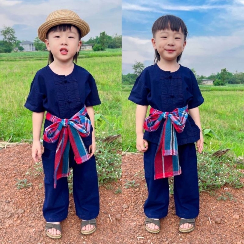 (รหัสTn) ชุดหม้อฮ้อมเด็ก ใส่ได้ทั้ง ชาย -หญิง (ผ้าขาวม้าคละลาย)