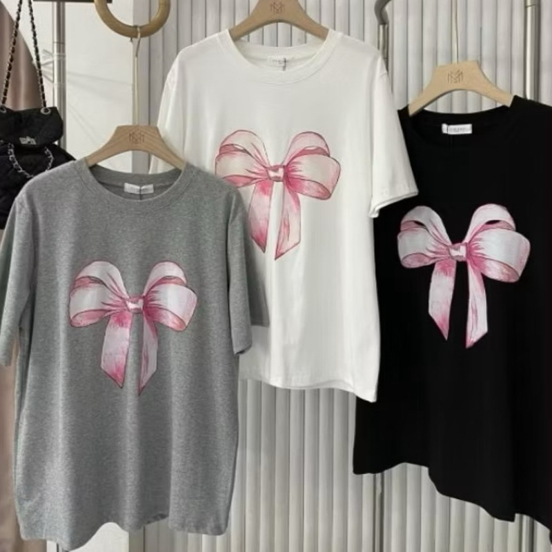 🎀เสื้อยืดแขนสั้นสกรีนโบว์🎀 ผ้าคอตตอน อก40 - 46“