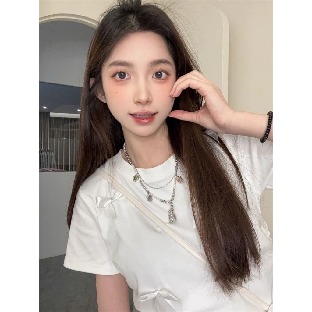 เสื้อยืดผู้หญิง แขนสั้นผูกโบว์ คอกลม ทรงเข้ารูป น่ารัก รูปที่ 8