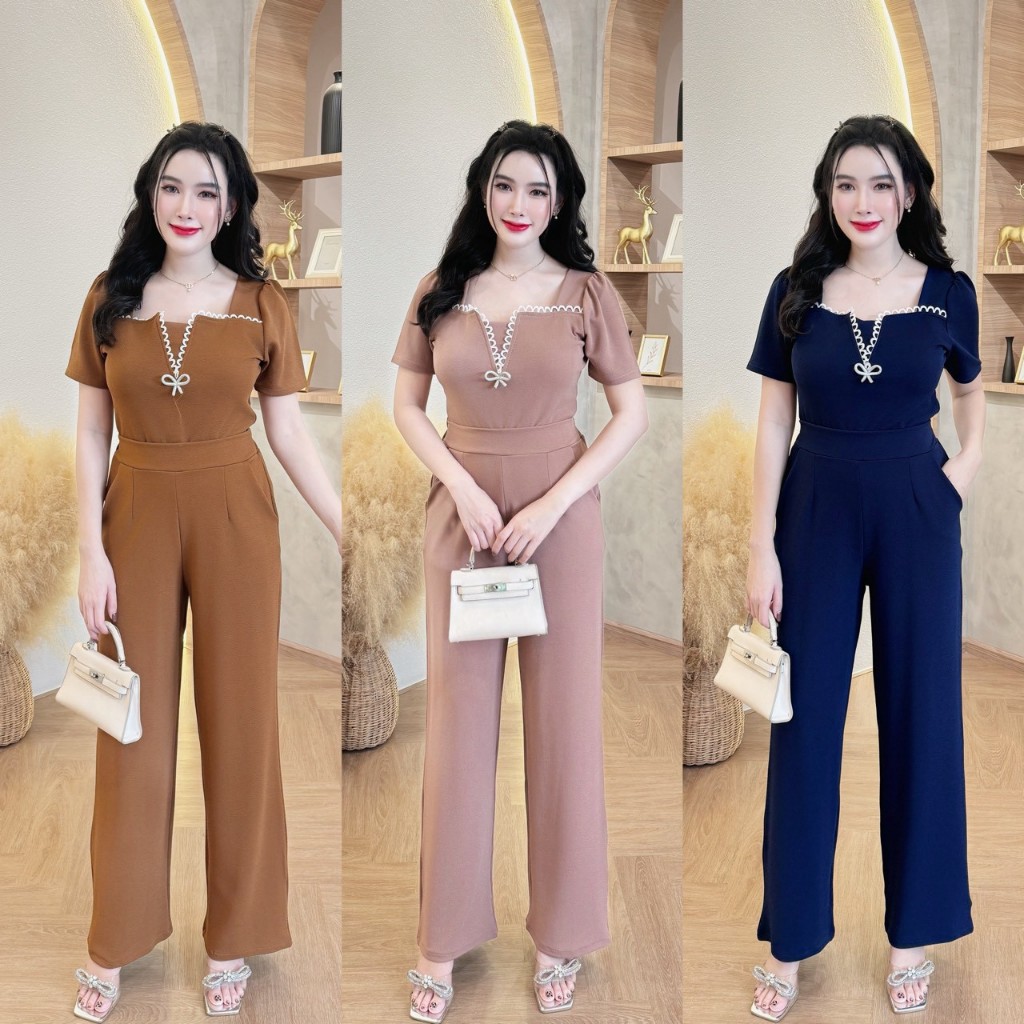 สินค้าพร้อมส่ง ชุดเซตยาวผ้าวูลเวฟ เสื้อคอวีแต่งลูกไม้แต่งโบว์เพชร+กางเกงเอวเรียบสม็อคหลังมีกระเป๋า A6561