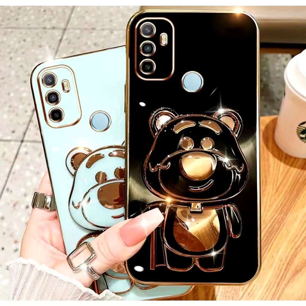 เคสขอบตรง หมีล็อตโช่กระจก สำหรับรุ่น Oppo Realme C65 Realme C63 เคสกันกระแทก TPUขอบตรง ขาตั้งหมีล็อต