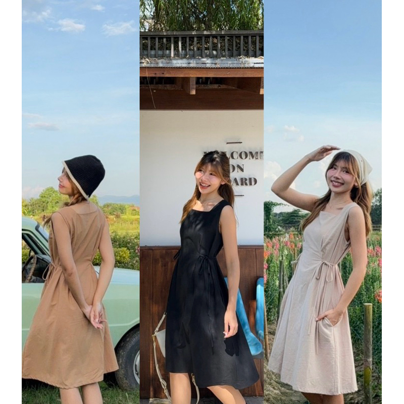 Vanila  🧺เดรสคอเหลี่ยมผ้าลินินผสมฝ้าย ดีเทลผูกข้างน่ารักมากกก