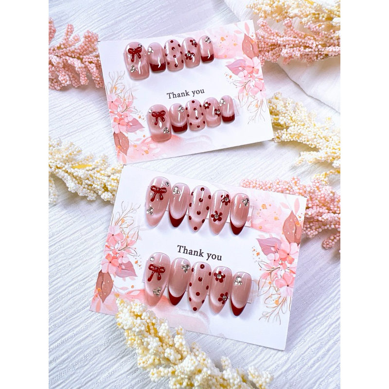 💞Alodie💕เล็บปลอมสีเจลแท้🎀ลูกแก้วสีชมพู🎀งาน Handmade💅แถมฟรีชุดอุปกรณ์ติด
