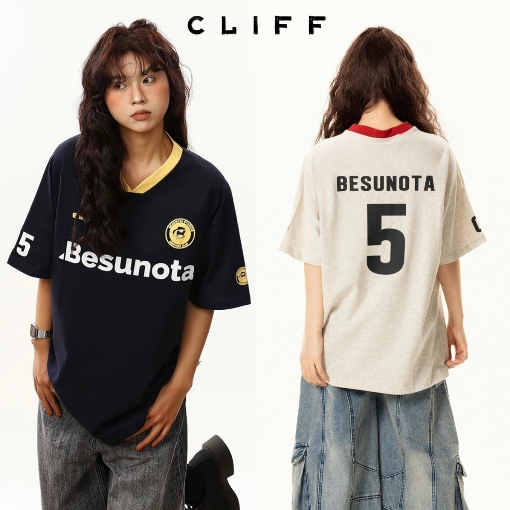 CLIFF เสื้อยืดแขนสั้น คอวี เสื้อกีฬา ฤดูร้อนยอดนิยม การออกแบบพิมพ์ ชุดคู่รัก