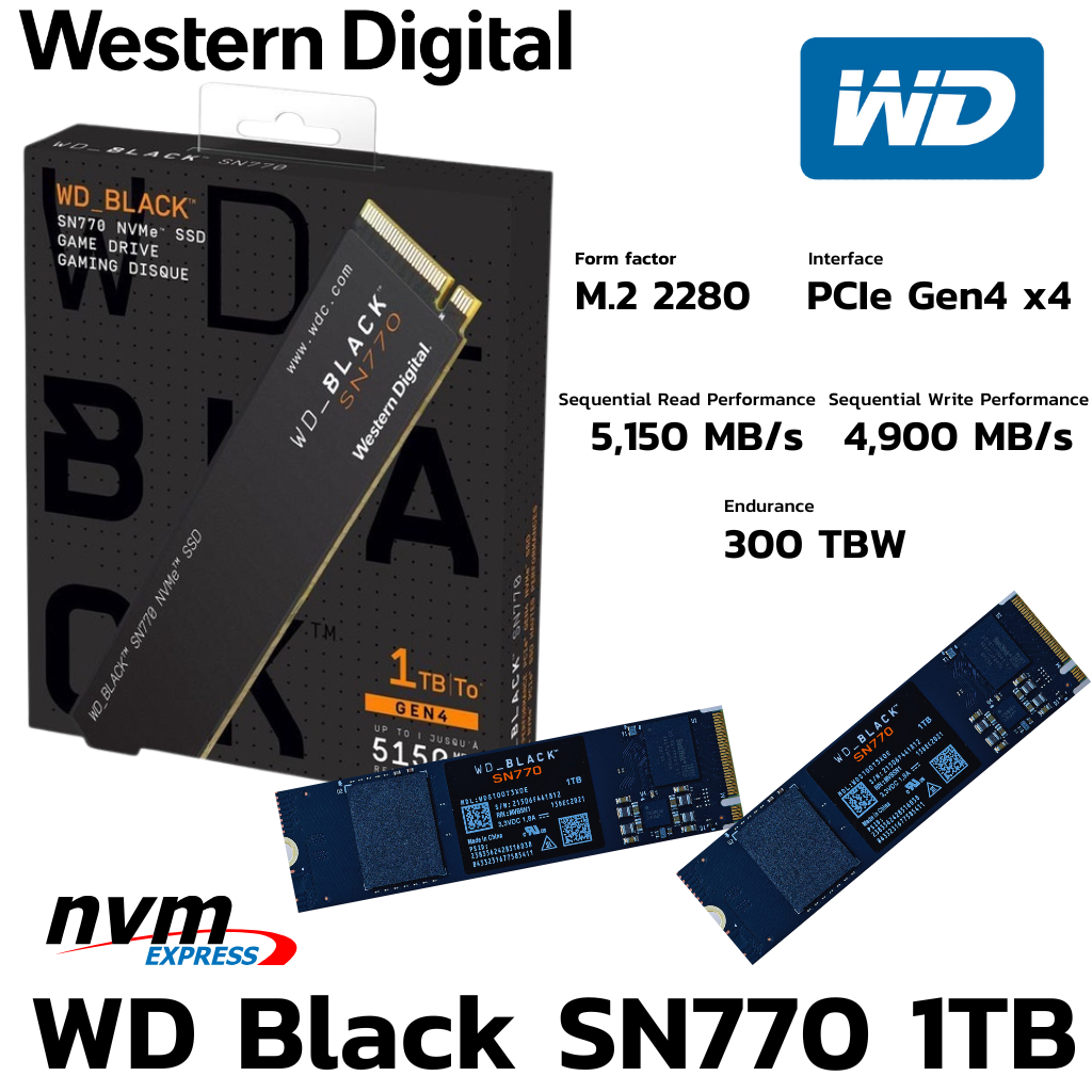 1 TB SSD (เอสเอสดี) WD BLACK SN770 - PCIe 4x4/NVMe M.2 2280 (WDS100T3X0E)