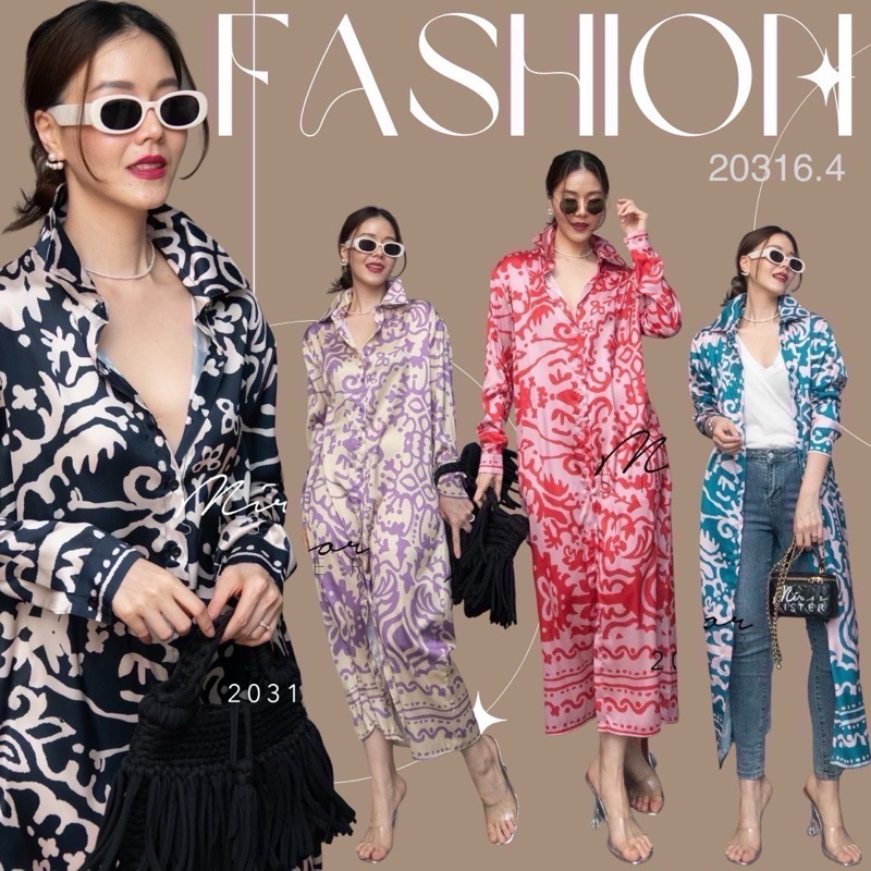 Mirrorsister 20316.4 เดรสเชิ้ตตัวยาวลายเก๋ 2โทนคู่สีสวย