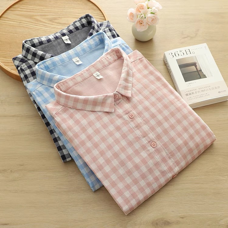 CV02 เสื้อเชิ้ตคอปกลายตารางแขนสามส่วน