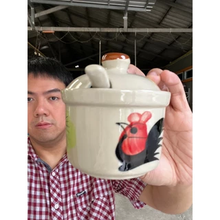 โถเครื่องปรุงลายไก่L โถใส่เครื่องปรุงเซรามิค โถใส่น้ำปลาพริก รวมช้อน ขนาด4 นิ้ว (กว้าง 10 ซม. x สูง 10 ซม.) จุ350ml 12o