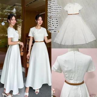 S-XXL✨ชุดเดรสสีขาว ครีม ดำ ฟ้า แดง ชมพู กระโปรงทรงบาน ใส่ออกงาน,ใส่ทำบุญ #สไตล์เบลล่า