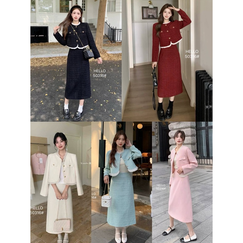 50316   tweed set เสื้อคอกลมกระดุมทองแต่งกระเป๋าหลอกด้านหน้าพร้อมกระโปรงยาวเอวยืด Hello shop