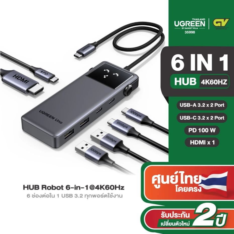 UGREEN Uno USB-C HUB Robot 6-in-1 รองรับ4K60Hz HDMI+1 USB-A3.2+2 USB-C3.2+2 PD+1 Hub รุ่น CM888 #359