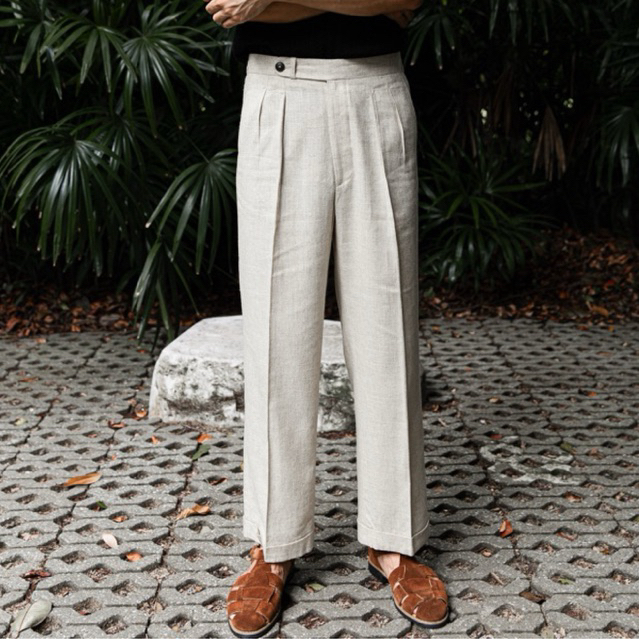 TOFFY & BROWN / REVERSE DOUBLE PLEATED LINEN TROUSERS กางเกงลินินทรงกระบอกตรงเอวสูง